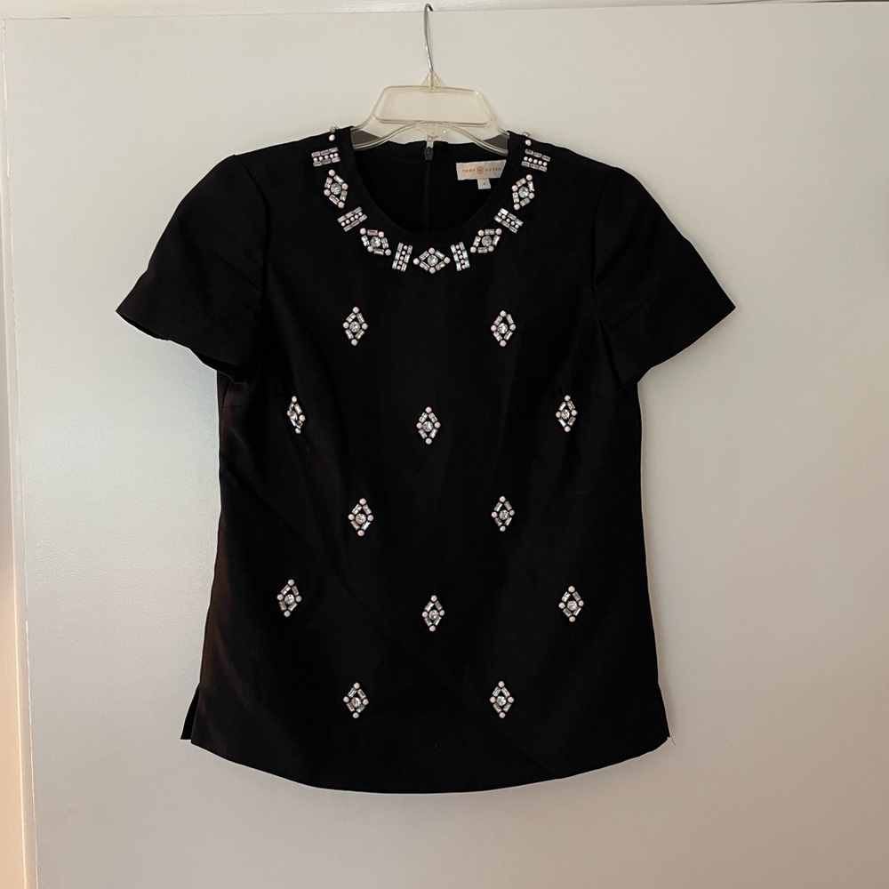 Tory Burch Black raw silk, lined top with rhinestones & back zip